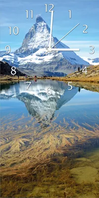 Produktbild von Wallario Design Wanduhr bedruckt, Größe 30 x 60 cm, Motiv: Matterhorn - Spiegelung im See