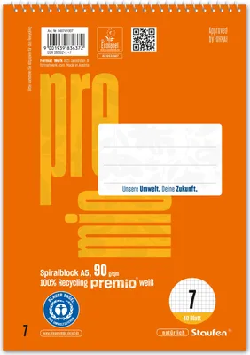 Produktbild von Staufen Premio Spiralblock A5 40 Lin.7 A5 40 Blatt 90g/qm 7mm kariert
