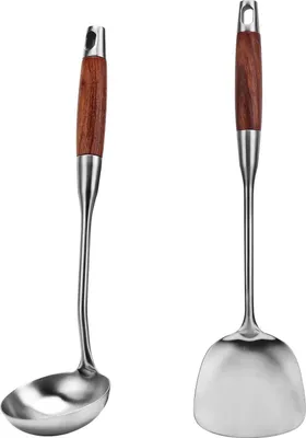 Produktbild von 2-teiliges Set Küchenutensilien mit rostfreier Wokspatel und Suppenkelle mit Holzgriff