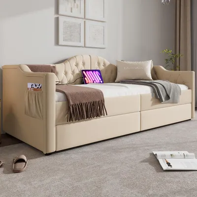 Zdjęcie produktu dla Łóżko dzienne z funkcją ładowania przez USB-C, 2 szufladami i aksamitnym pokryciem - Beige 90x200cm