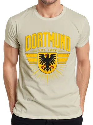 Immagine prodotto di T-shirt "Dortmund Est 1909 Adler Wappen Ruhrpott", con scritte e immagini che esprimono un senso di ironia e riferimenti alla cultura maschile, taglia M