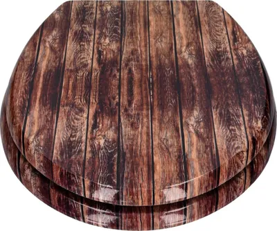 A toilet seat with a wood grain pattern, shown from a top-down perspective.