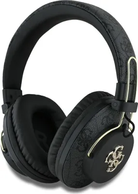 A black pair of over-ear headphones with gold accents and a repeating Guess logo pattern.