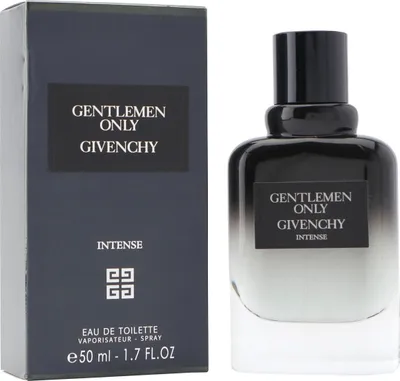 Flakon und Verpackung von Gentlemen Only Givenchy Intense Eau de Toilette, 50 ml, in elegantem Schwarz-Glas -Verlauf mit schlichtem Design.