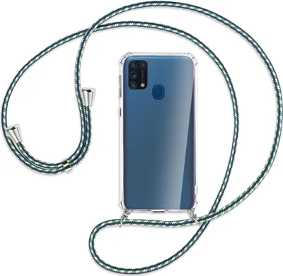 Produktbild von Handykette Backcover-Schutzhülle mit Band (Metall silberfarben) für Samsung Galaxy M31 - grün/blau/weiß