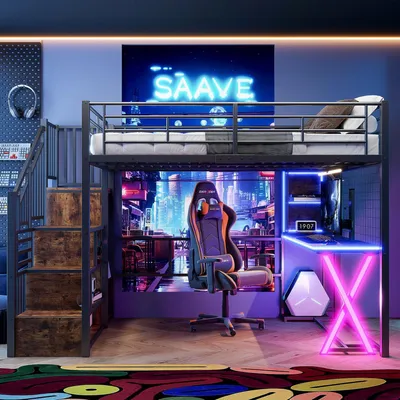 Image de Lit superposé LED 140x200 cm avec bureau, armoire, escalier et étagère à livres, structure en métal noir