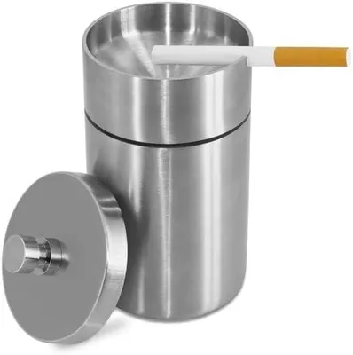 Produktbild von Aschenbecher mit Deckel, Windaschenbecher Edelstahl fur Draußen Tragbarer Rauchloser Sturmaschenbecher Tischaschenbecher Smokeless Ashtray Außenaschenbecher für Garten Draußen Auto, Silber