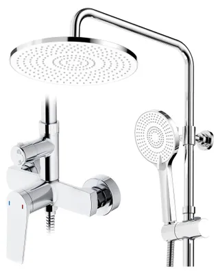 Produktbild von Duschsystem mit Chromarmatur, Regendusche aus Messing, 25 cm Regendusche, Duschkopf mit 3 Strahlarten, Komplettset Duscharmatur, Duschset