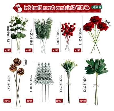 Produktbild von 45 Stück künstliche Tannenzweige und Kunstblumen für Weihnachten