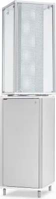 Produktbild von Drehvitrine DRM41182 - 41,7 x 41,7 x 182,1 cm, mit LED-Streifenbeleuchtung / Alu weiss, Holz weiss / mit Lochblechsäule