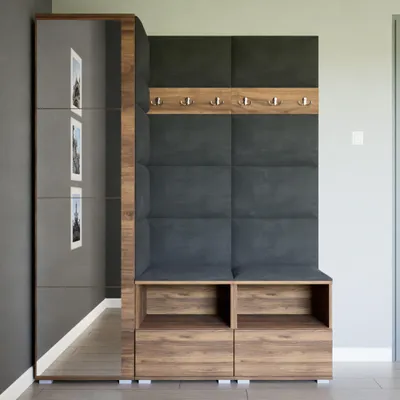 Produktbild von Moderne Garderobe Flur-Set NELA II Warmia Nussbaum Spiegel Polsterpaneele Trinity 16 Schwarz 150cm