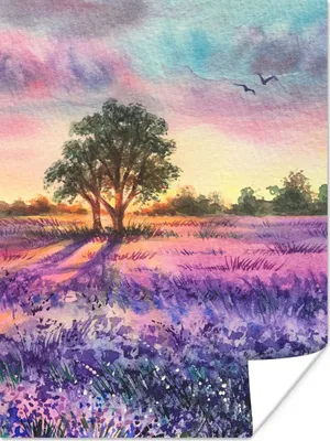 Produktbild von MuchoWow® Poster Lavendel - Farbe - Vögel - Bäume - Lila 90x120 cm - Wohnzimmer