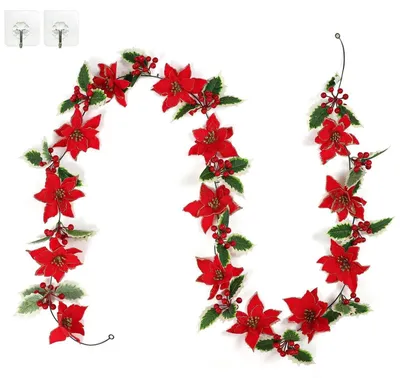 Immagine prodotto di Ghirlanda natalizia, 250 cm, colore rosso, con fiori artificiali, bacche e stelle, decorata con glitter dorati