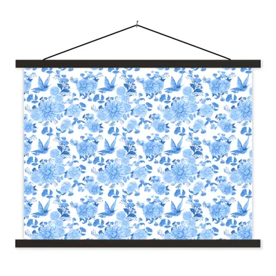 Produktbild von MuchoWow® Textilposter Blumen - Muster - Blau 150x113 cm mit holzfarbenen Rahmen - Poster