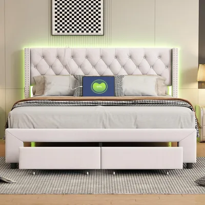 Image de Fortuna Lai Lit rembourré 140x190 cm, lit double rembourré avec espace de rangement, 2 tiroirs, LED, USB, velours, beige