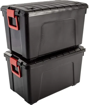 Two black storage boxes stacked on top of each other, with red clasps.