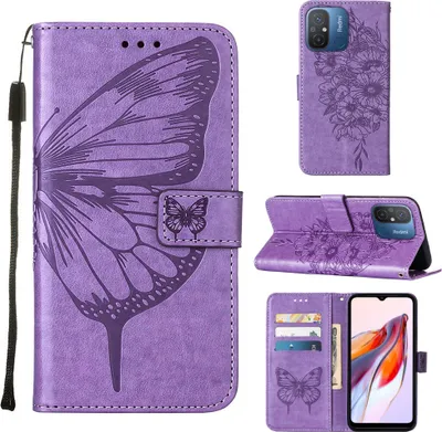 Produktbild von Lederhülle für Xiaomi Redmi 12C /Poco C55 Schmetterling Prägung Flip Ledertasche Kartenfächer Handyhülle mit Ständer Violett