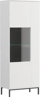 A white vitrine with a glass door and shelves, standing on black legs.