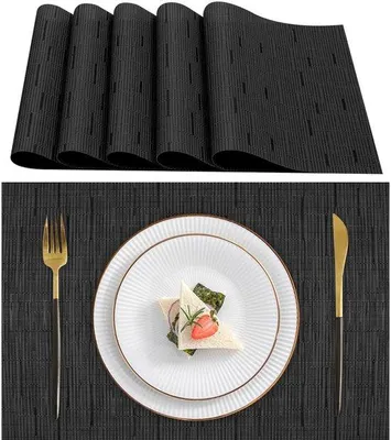 Immagine prodotto di Set di 6 sottopiatti Unyqoos®, colore nero, composizione: 70% PVC/30% poliestere, resistenti al calore fino a 100 °C, antiscivolo – ideali per tavoli da pranzo e ristorazione