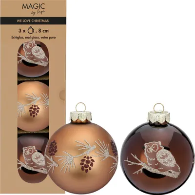 Weihnachtskugeln Glas 8cm Eule & Zapfen Motiv 3er Set Elegant Lounge