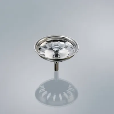 A stainless steel sink strainer basket with a central post, shown in isolation against a neutral gray background with a reflection.