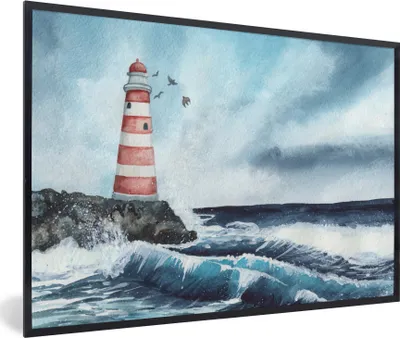 Produktbild von MuchoWow® MuchoWow® Gerahmtes Poster Leuchtturm - Meer - Golf 60x40 cm - Poster mit zchwarzem Bilderrahmen - Printing - Wanddeko Schlafzimmer