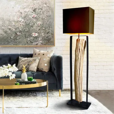 Produktbild von Stehlampe WANA 165 cm – Holzdesign mit schwarzem Metallrahmen und Leinenschirm