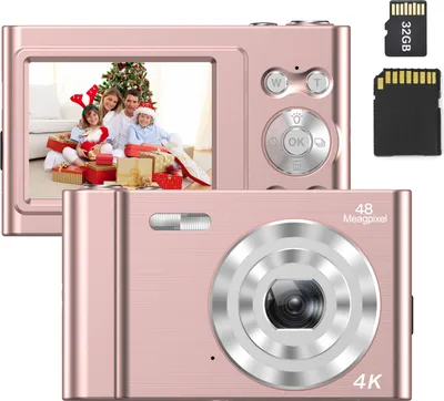 Obrázek produktu pro Andoer 4K digitální fotoaparát, videokamera, 48 MP, 2,4palcový IPS displej, automatické ostření, 16x digitální zoom, ochrana proti otřesům, detekce obličeje, nahrávání úsměvu, vestavěný blesk a dobíjecí baterie s paměťovou kartou 32 GB, vánoční dárek pro děti a mládež
