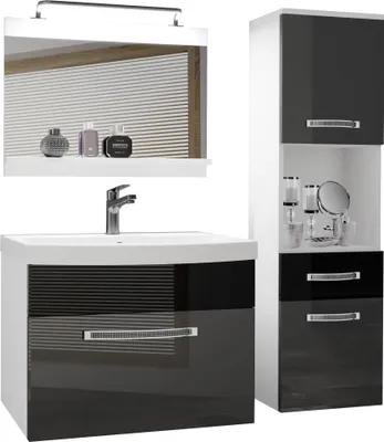 Image de BELINI Meubles de salle de bains Set complet armoire de toilette, armoire haute, lavabo, miroir, lampe (argent/ noir, brillant)