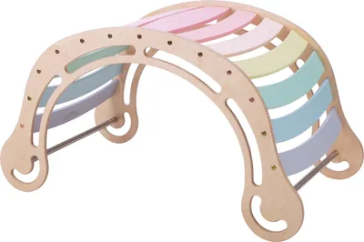 A wooden rainbow rocker for children, shown against a white background.
