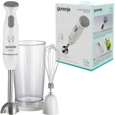 A Gorenje hand blender with accessories and packaging.