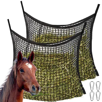 Image de 2 filets pour foin, adaptés aux chevaux, de 60 x 90 cm, avec mousquetons