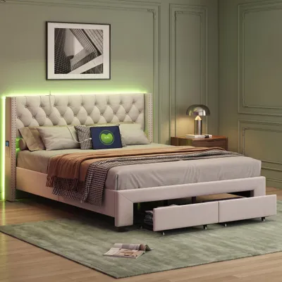 Produktbild von INONEFT Polsterbett 160x200 mit Stauraum und Lattenrost, Doppelbett mit LED und USB, mit 2 Schubladen, Kopfteil mit Nietenverzierung, Samt, Beige