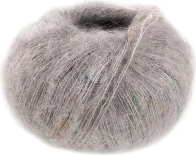 A ball of grey yarn with multicolored flecks.