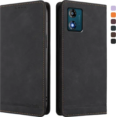 Produktbild von Hülle für Motorola Moto E13, Retro Kunstleder Ständer Klapphülle mit Kartenfächer und Magnetische Schwarz