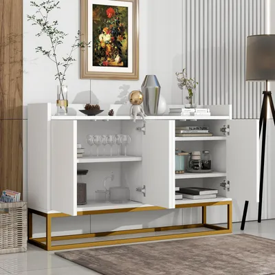 Image de MODFU Bahut Contemporain 120×30×80 cm - 4 Portes sans Poignées - Meuble de Rangement Élégant pour Intérieur - MDF + Panneaux de Particules - Blanc