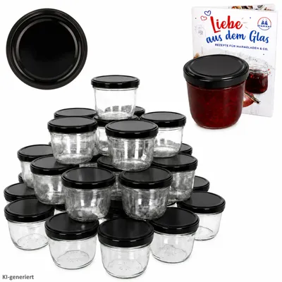 Produktbild von 100er Set Sturzglas 230 ml To 82 schwarzer Deckel incl. Diamant-Zucker Gelierzauber Rezeptheft