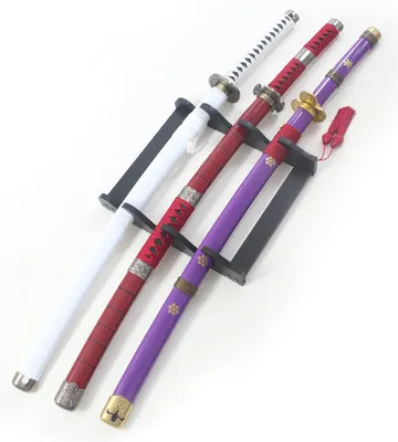 Produktbild von Set mit 3 Katanas aus Holz, Zoro-Schwert, Replik des Wado Ichimonji Kitetsu Sandai Enma Cosplay + Holzständer