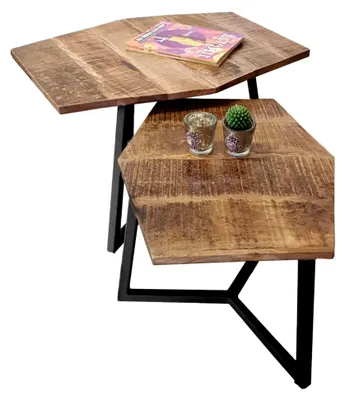 Produktbild von 2er-Set sechseckige Couchtische aus massivem Mangoholz und Eisen – Industrial Style