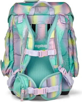 The back view of a colorful backpack.