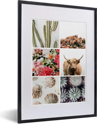 Produktbild von MuchoWow® MuchoWow® Gerahmtes Poster Schottisches Hochlandrind - Collage - Blumen - Kaktus 30x40 cm - Poster mit zchwarzem Bilderrahmen - Wandposter Schlafzimmer