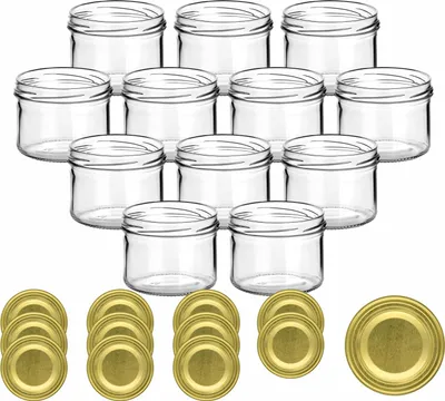 Produktbild von gouveo 12er Set Einmachgläser 230 ml mit Deckel goldfarben - Kleines Vorratsglas für Marmelade, Konfitüre, Wurst