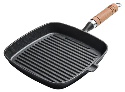 Obrázok produktu pre Panvica na grilovanie steakov s drevenou rukoväťou, 8,7 palca hrubé dno, rovnomerné zahrievanie, nepriľnavý výlevka na varenie v interiéri