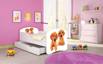 Image de ACMA I Lit d'adolescent Lit d'enfant Lit junior Set complet avec matelas Sommier blanc 39 chiots 140x70 + coffre de lit