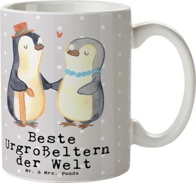 Produktbild von Mr. & Mrs. Panda Becher Pinguin Beste Urgroßeltern der Welt - Grau Pastell - Geschenk, Geburtstag, Kaffeetasse, Pott, Bester, Kleinigkeit, Ur, Enkel, kaffeebecher keramik