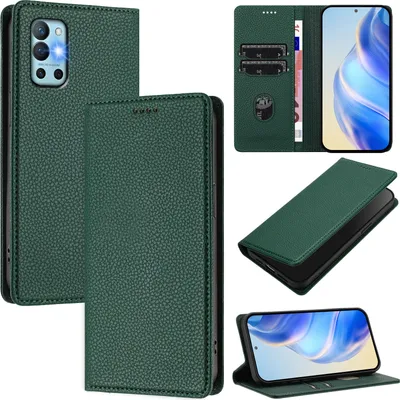 Image de Étui en cuir pour OnePlus 9R/OnePlus 8T, cuir Litschi, étui portefeuille avec fentes pour cartes et support Vert