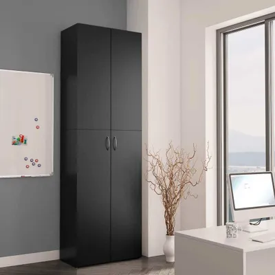 A black office cabinet stands next to a whiteboard and a window, with a computer on a desk in the foreground.
