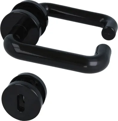 A black door handle set and a keyhole escutcheon are displayed against a white background.