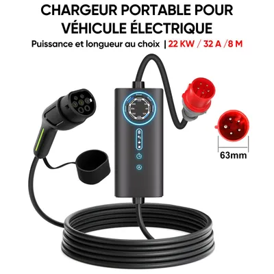 Image de Chargeur portable Junsun pour VE – 22 kW, câble de 8 mètres, connecteur Type 2, alimentation triphasée, courant réglable de 6 à 32 A