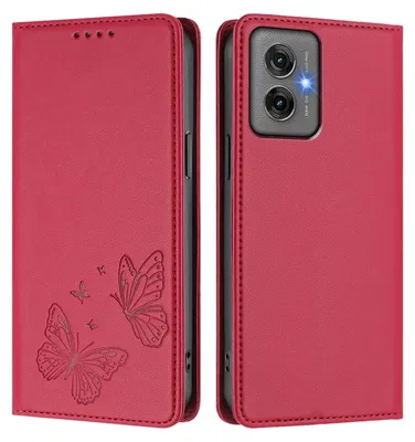 Produktbild von Lederhülle für Motorola Moto G55, Schmetterling Prägung Leder Brieftasche Schutzhülle mit Ständer Rot